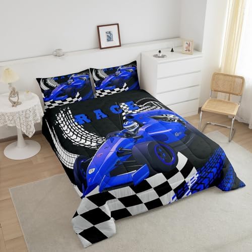 Go Kart Toddler Race Car Bed for Boys,Black and White Buffalo Checked Drift Kart Comforter Set Toddler Bedding Set,Square Grid Plaid Lattice Quilt,Blue Karting Extreme Sport Duvet Insert Full