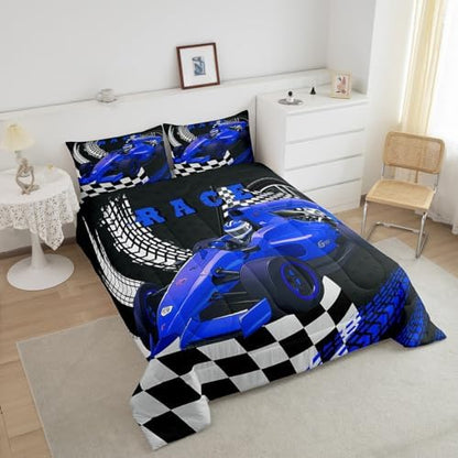 Go Kart Toddler Race Car Bed for Boys,Black and White Buffalo Checked Drift Kart Comforter Set Toddler Bedding Set,Square Grid Plaid Lattice Quilt,Blue Karting Extreme Sport Duvet Insert Full