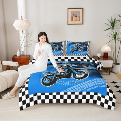 Feelyou Dirt Bike Comforter Set for Kids Boys Girls,King Size,Motorcycle Racer Bedding Set,Cool Motocross Duvet Quilt,Fashion Motorcycle Comforter,Extreme Sports Bedroom Decor