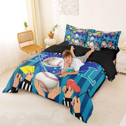 Erosebridal Boys Baseball Gaming Pattern Navy Blue Boys Kids 7 Piece Bedding Set Twin | Playground Comforter Set with Sheets Ball Games Sports Theme Bed in A Bag Stripes Geometric Bed Sets