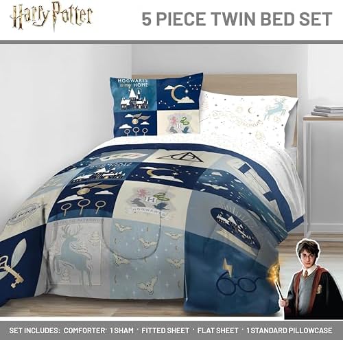 Harry Potter Twin Comforter Set 5 Piece Soft Hogwarts Bedding, Multi