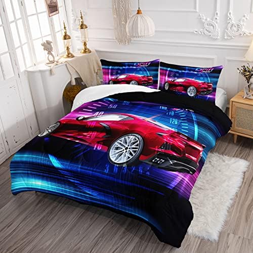 Axolotl Race Car Bedding Set Queen Size,Boys Extreme Sports Comforter for Kids Boys Racing,Red Cool Car Comforter Car Sports Quilt 1 Comforter Set with 2 Pillowcases
