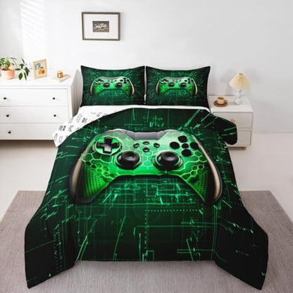 Teens Gamer Comforter Set Queen Size,Gaming Bedding Set for Kids Boys Girls Bedroom Decoration,Honeycomb Gamepad Bed Duvet Insert,Video Game Controller Comforter with 2 Pillowcases,Green Black