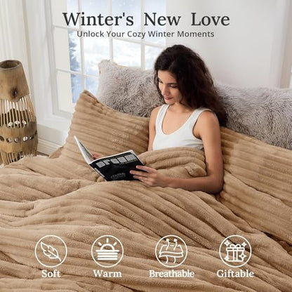 Sasttie Fluffy King Comforter Set, 3 PC Soft Fleece Bedding, Light Brown