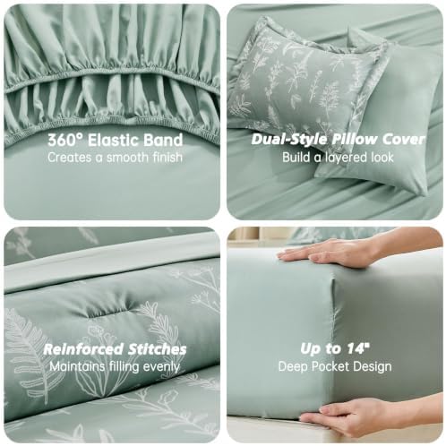 MUXHOMO Cal King Comforter Set, Sage Green Elegant Floral Print Bed in a Bag 7 Pieces, Ultra Soft & Breathable Reversible Botanical Pattern Bedding Set with Comforter, Sheets, Pillowcases, and Shams