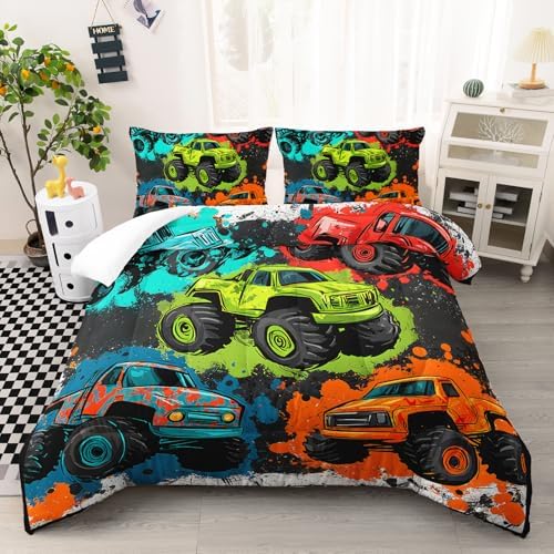 AILONEN Cartoon Monster Trucks Comforter Set Twin Size, 3-Piece Colorful Truck Bedding Set for Kids Boys,Graffiti Car Print Kid Comforter with 2 Pillowcases