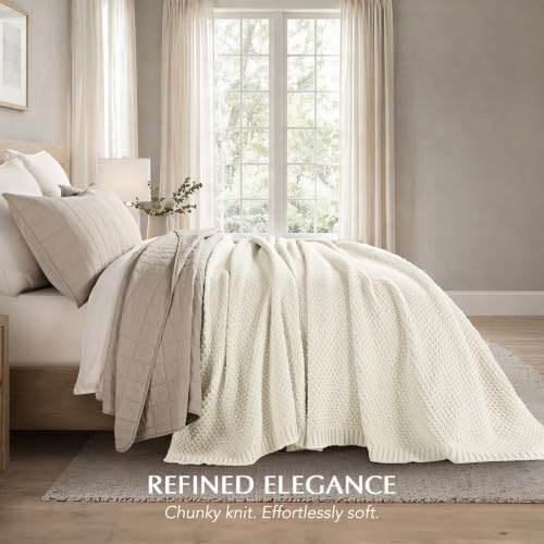 EVERGRACEHOME Chunky Chenille Knit Throw Blanket, 108x92, Ivory White