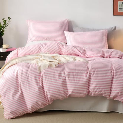 JELLYMONI 100% Cotton Printed Striped Cal King Duvet Cover Set, Pink