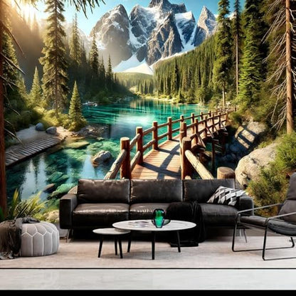 FENDROM Snow Mountain Forest Tapestry Scenic Green Pine Tree Lake Landscape Backdrop Wall Mural Covering for Dorm Living Room Decor