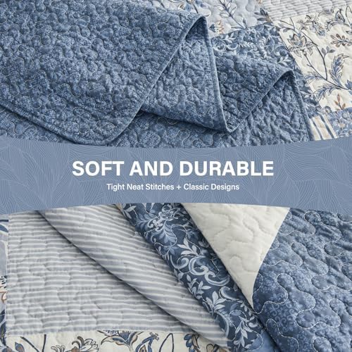 SahSahCasa 120"x102" 100% Cotton Oversized Queen Bedspread Coverlet Striped Quilt Set, Quilted Bedspread Extra Large Quilt, XL Bed Spread Lightweight Comforter, 3pc, Blue/White