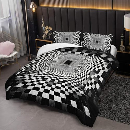 3D Black and White Geometric Pattern Comforter Queen Size，Black and White Checkered Bedding Set Queen，with 1 Comforter with 2 Pillow Case，Checkered Bedroom Decor