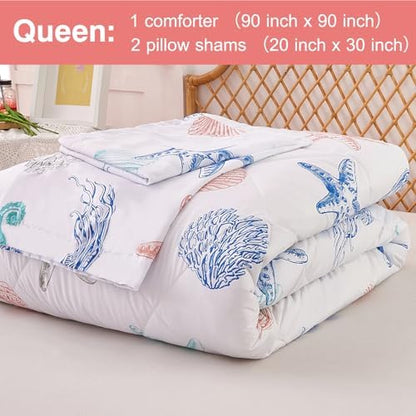 JSD Beach Theme Kids Queen Comforter Set, Jellyfish Starfish Shell Pattern