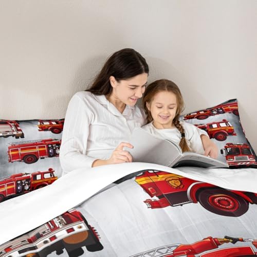 Manfei Fire Truck Comforter Set Twin Size Red Fire Engine Duvet Insert Cartoon Firemen Car Vehicle Bedding Set 2pcs for Kids Boys Teens Firefighter Transportation Dowm Comforter with 1 Pillowcase