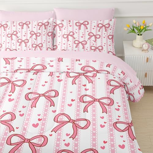 QOOMO Pink Bow 7 Pieces Comforter Set Full,Love Bowknot Bedding Set