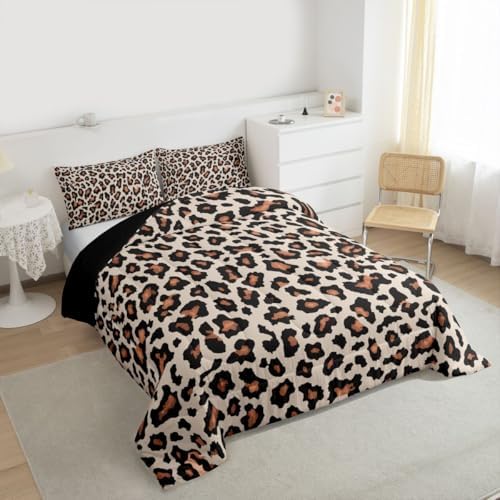 jejeloiu Leopard Bedding Set Soft for Boys Girls, Animal Skin Comforter Set Queen Size Animal Print Duvet Quilt Microfiber Bedroom Decor 3 Pcs with 2 Pillow Cases