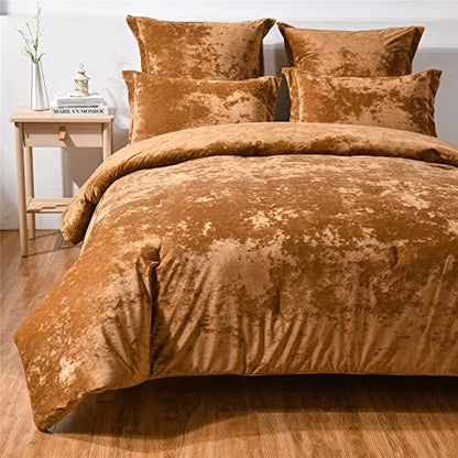 Fredsure Distressed Velvet Comforter Set, 5 Pieces Gold Caramel King, Distressed Velvet Face and Brushed Microfiber Reverse