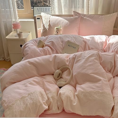 LifeTB Pink Gingham Comforter Set King Fluffy Soft Microfiber Pink Grid Bedding Comforter Romantic Lace Style Farmhouse Gingham Bedding Set Vintage Plaid Checkered Comforter Set for All Seasons