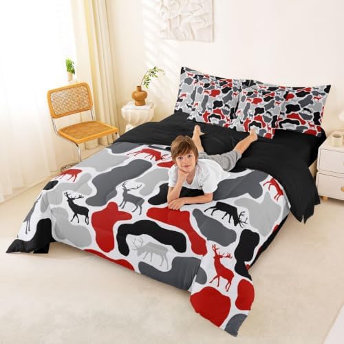 Erosebridal Deer Camouflage Full Comforter Set with Sheets 7 Piece Hunting Elk Camo Bed in A Bag Red Grey Black Military Bedding Sets for Kids Boys Girls Rustic Cabin Lodge Bed Set