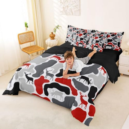 Erosebridal Deer Camouflage Twin Comforter Set with Sheets 7 Piece Hunting Elk Camo Bed in A Bag Red Grey Black Military Bedding Sets for Kids Rustic Cabin Lodge Bed Set