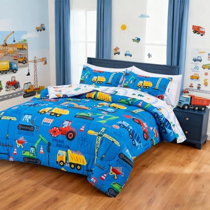 Holawakaka Boys Construction Truck Excavator Full Comforter Set with Sheets