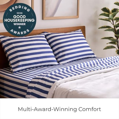 Mellanni Iconic 5-Piece Sheet Set (Split King, Oxford Stripe Blue Nova)