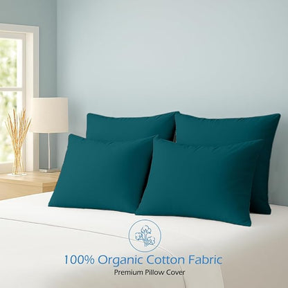 Comfort Beddings King Pillowcases Set of 4 – 100% Organic Cotton, 600 Thread Count Sateen, Soft & Comfy Pillow Covers with Envelope Closure, Teal, King Size 20 x 40 Inches