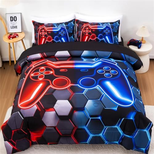 NTBED 3D Gaming Comforter Set for Boys Kids Teens,5pcs Gamer Bedding Sets with Sheet,Game Console Bed in a Bag (Red Blue, Twin)