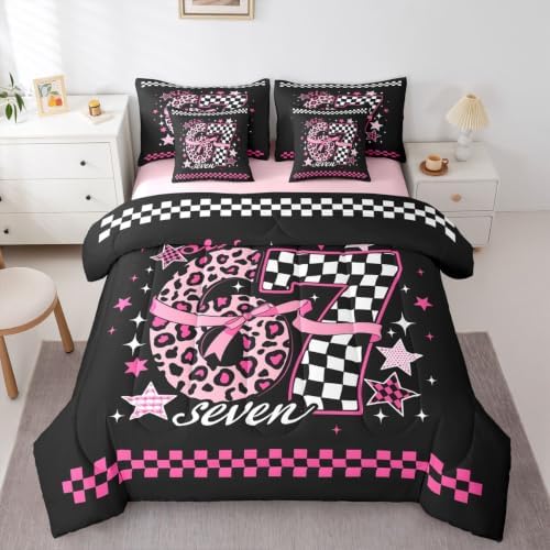 Erosebridal Pink Black Girly Fashion Queen Comforter Set 7 Piece for Girls 67 Bow Bedding Set Leopard Print Plaid Number Bed in A Bag Fashion Trendy Y2K Style Sheet Set with Comforter