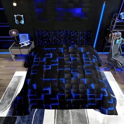 Erosebridal Neon Black Blue Boys Comforter Set Queen Size Geometric Checkered Kids Bedding Set Teen Men Gaming Room Decor,Abstract Ombre Plaid Comforter Grids Quilt Duvet