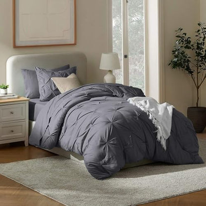 Nestl 7 Piece Twin Comforter Set – Dark Grey Pinch Pleated Bed in a Bag – Complete Twin Size Bedding Set with Sheets, Set of 2 Cooling Pillows, Pillowcase and Sham