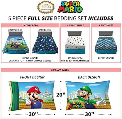 Super Mario Kids Full Size Bedding, 5 Piece Super Soft Cozy Reversible Comforter and Sheet Set, (Officially Licensed Product) By Franco