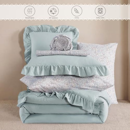 BLOOMHAVEN King Size Comforter Set-7 Pieces Ruffle Bedding Floral Sheet