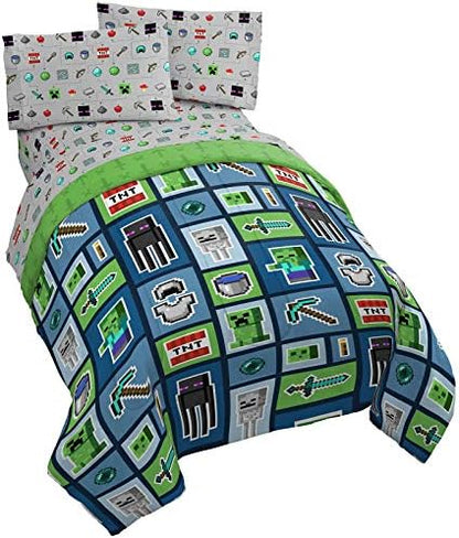 Minecraft Creeper Twin Comforter Set 4 Piece Kids Bedding for Boys, Multi