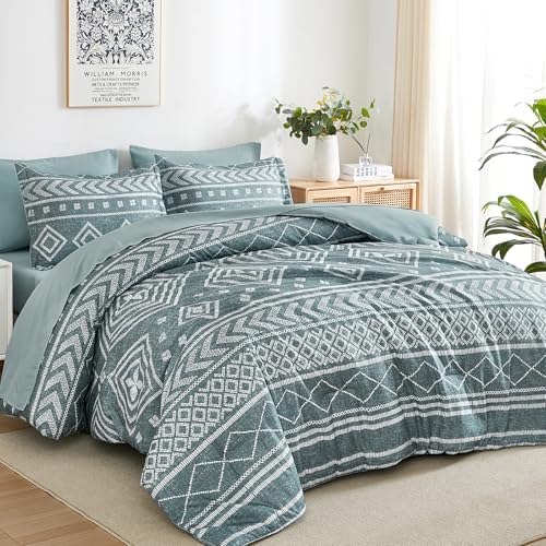 Yiran Boho Aztec Comforter Set Queen Size, Grayish Blue Comforter Bedding Set, 7 Piece Bed in a Bag, Soft Microfiber Bohemian Striped Complete Bedding Set with Sheets for All Season
