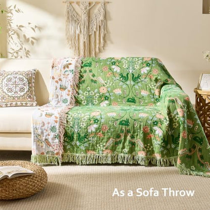 VANJOROY Boho Throw Blanket, 100% Organic Cotton Breathable Ultra Soft 91" x 108" King Bed Quilt Throw - All Season Floral Rustic Farmhouse Decor Luxury Blanket for Sofa Couch Chair and Gift