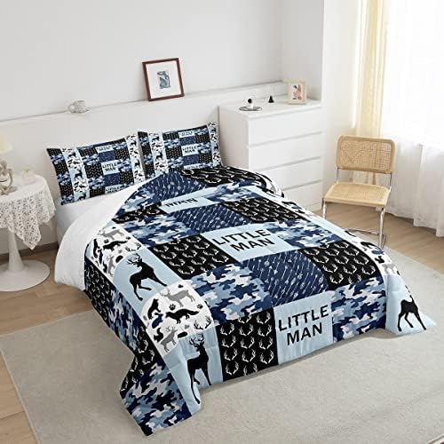 Manfei Camo Deer Antlers Comforter Set Full, Geometric Checks Patchwork Bedding 3pcs for Room Decor, Boho Arrow Animals Quilt Set, Blue Xmas Duvet Insert with 2 Pillowcases (WWS10844GYY-BZ_USf)