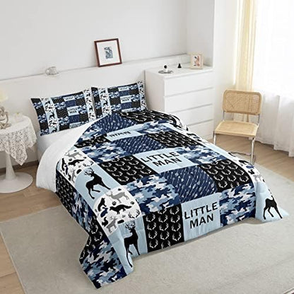 Manfei Camo Deer Antlers Comforter Set Full, Geometric Checks Patchwork Bedding 3pcs for Room Decor, Boho Arrow Animals Quilt Set, Blue Xmas Duvet Insert with 2 Pillowcases (WWS10844GYY-BZ_USf)