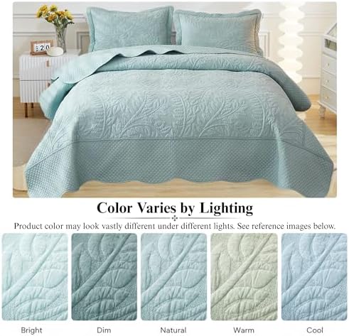 MarCielo 3-Piece 100% Cotton Oversized Bedspread Lightweight Quilt Coverlet Embroidery Farmhouse Bedding Set T0 (Aruba Blue, Oversized Queen (100"x106"))