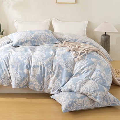 OAITE Full Duvet Cover Set 3pcs 100% Cotton Blue Damask Vintage Floral