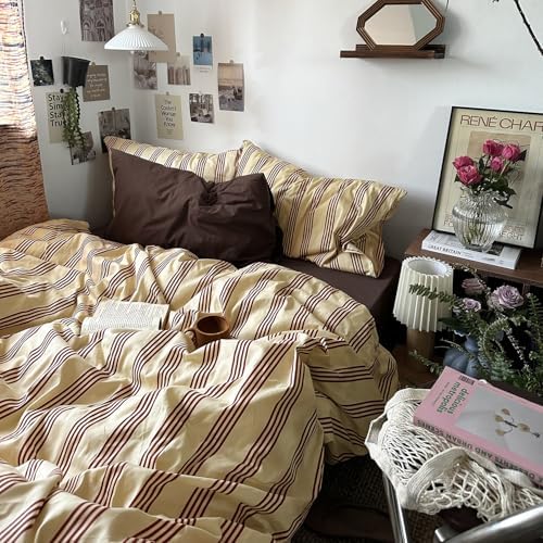 mixinni Retro Striped Duvet Cover Set Twin - 100% Natural Cotton 3-Piece Vintage Red Stripes Pattern Printed Bedding Set, Soft Breathable Comforter Cover with Zipper Closure & Corner Ties, Twin Size