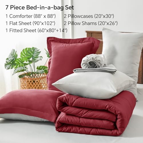 BEDELITE Queen Comforter Set 7 Pieces, Reversible Dark Red Bed in A Bag