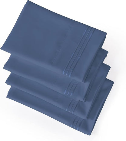 YIYEA Pillow Cases Queen Size Set of 4, Ultra Soft 1800TC Hotel Quality Double Brushed Microfiber Embroidered Pillowcases, Envelope Closure, Fade Resistant (20"x30", Denim)