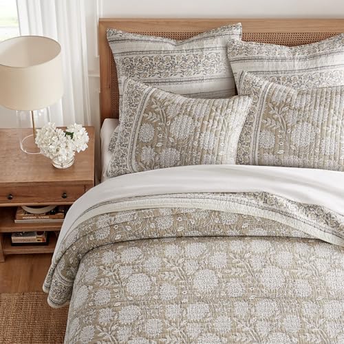 Levtex Home – Adare Taupe Bedspread Set – King Bedspread (120x106in.) and 2 King Shams (20x36in.) – Floral Botanical Design – Taupe and White – Reversible – Cotton