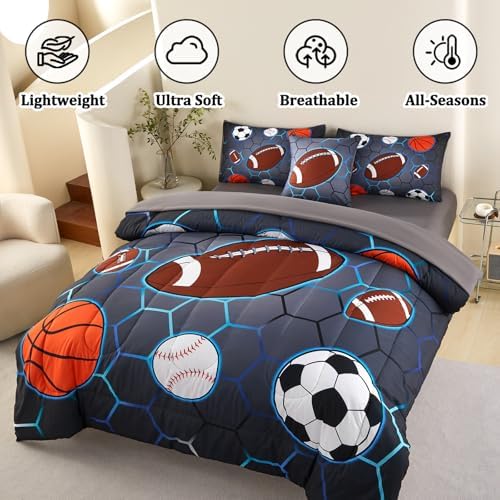 6 Pcs Sports Bedding Set for Boys Twin Comforter Set, Soccer Basketball Baseball Football Boys Bedding Sets with Sheets