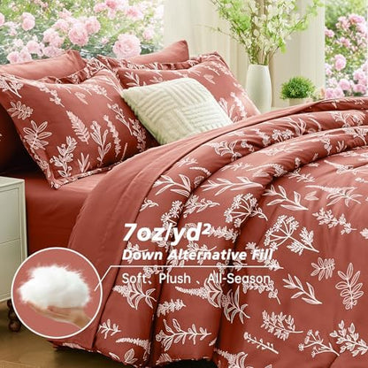MUXHOMO Brown King Comforter Set, Elegant Floral Print Bed in a Bag 7 Pieces, Ultra Soft & Breathable Reversible Botanical Pattern Bedding Set with Comforter, Sheets, Pillowcases, and Shams