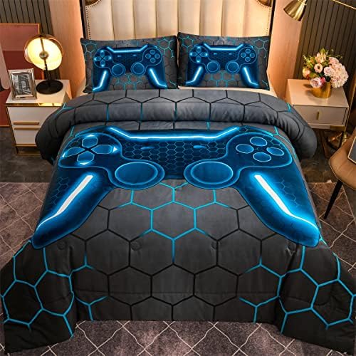 NTBED 5Pcs Full Gamer Comforter Set for Boys Kids Gaming Bedding Sets Blue