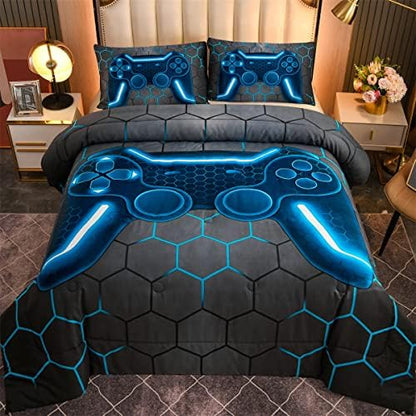 NTBED 5Pcs Full Gamer Comforter Set for Boys Kids Gaming Bedding Sets Blue