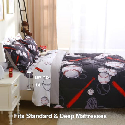 Baseball 7 Piece Bedding Set Sports Theme Queen Size Kids Boys Softball Comforter Set for Boys Kids Microfiber Comforter All Season (1 Comforter, 1 Flat Sheet, 1 Fitted Sheet, 4 Pillowcase)