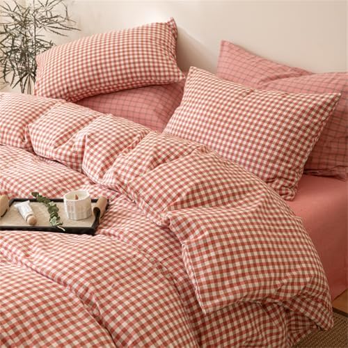 mixinni Orange Gingham Comforter Set Full, Plaid Comforter Set 3 Pieces 1 Orange Grid Comfoter with 2 Pillow Cases for All Seasons, Soft Fluffy Modern Grid Pattern Printed Bedding-Full Size