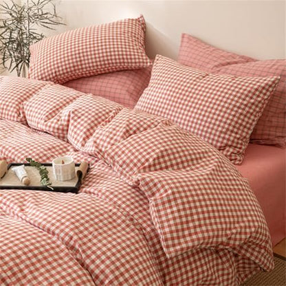 mixinni Orange Gingham Comforter Set Full, Plaid Comforter Set 3 Pieces 1 Orange Grid Comfoter with 2 Pillow Cases for All Seasons, Soft Fluffy Modern Grid Pattern Printed Bedding-Full Size